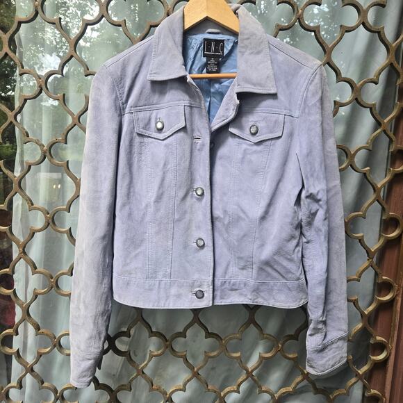 INC Womens Vintage 90s Y2K Indie Western Icy Blue Leather Suede Trucker Jacket M - Picture 1 of 10